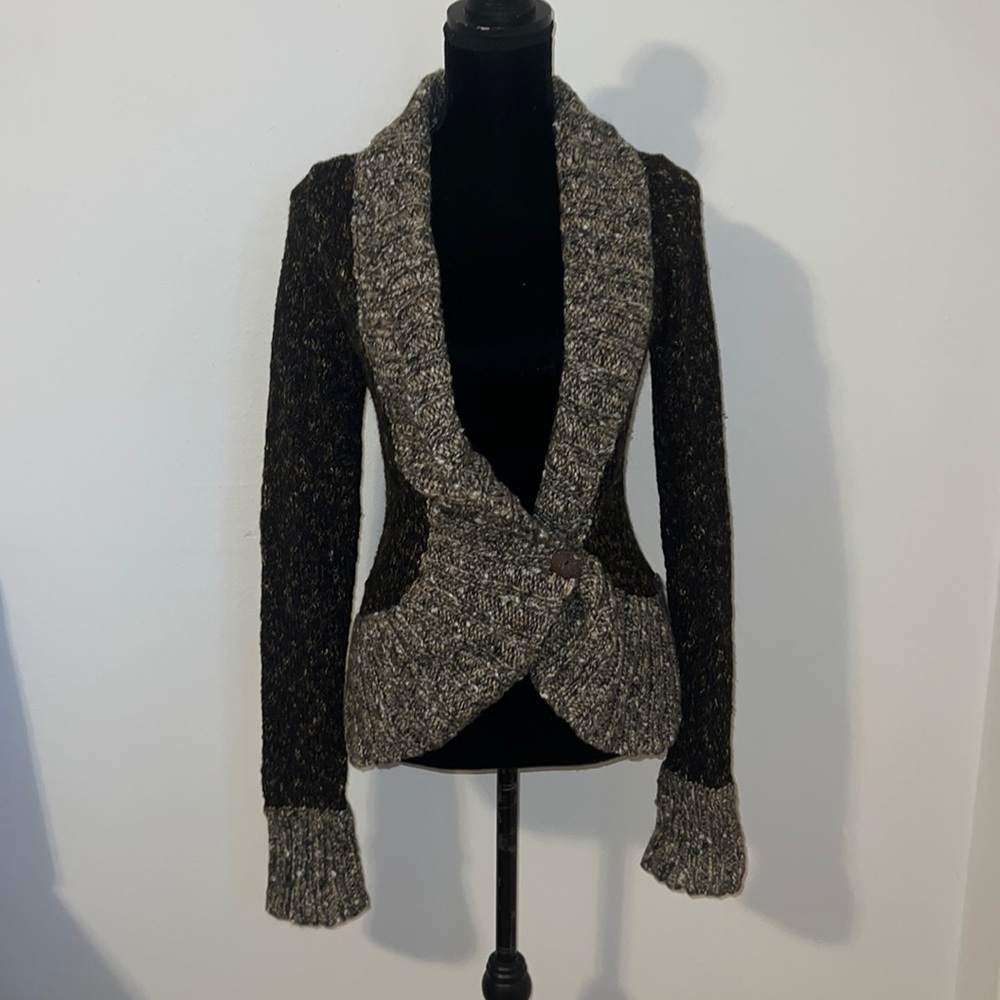 BKE Cardigan thick knit wool sweater sz M L open front button marled brown warm